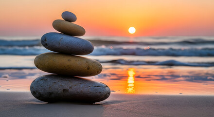 Smooth, balanced pebbles stacked on a tranquil sandy beach, bathed in the warm glow of a serene sunset, with gentle ocean waves reflecting the golden light