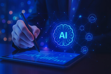 Professional using digital tablet with glowing artificial intelligence hologram for futuristic smart technology solutions
