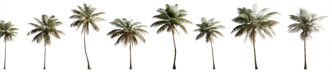 Obraz premium Line of tropical palm trees of varying sizes with white background. Isolated. Some are slightly blurred. Natural, outdoors