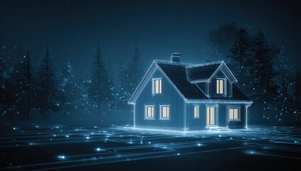 Cozy winter home illuminated by twinkling lights in a snowy landscape