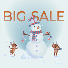 Winter Big Sale Background with Snowman and Cute Deer, Christmas Vector