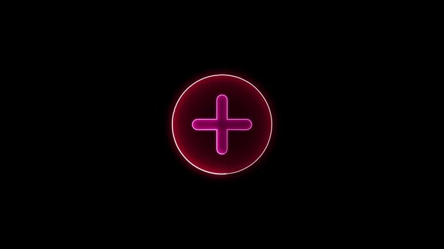 Linear neon animation of blue plus in circle with dynamic glowing neon sign plus animation on black background.