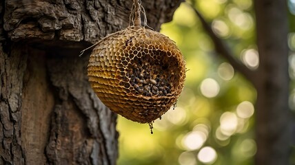 Natural Hive Bee An illustration of a single bee entering a small natural hive attached to a tree branch