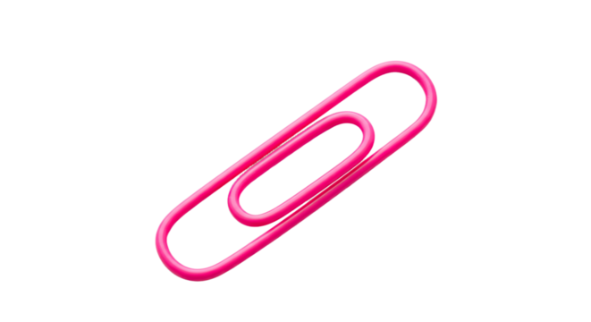 Pink paperclip on white background.