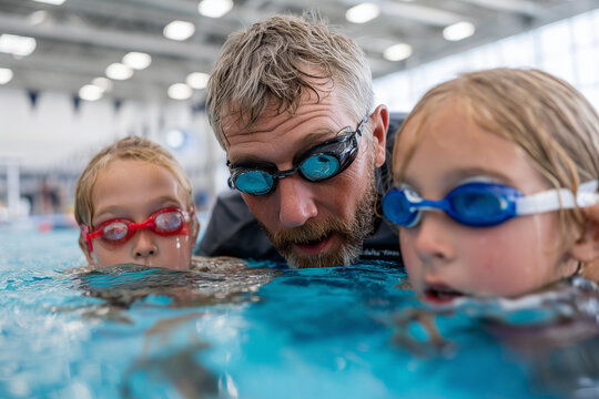 Swimming coach guiding kids at indoor pool, 