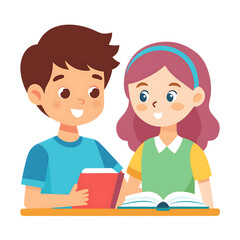 Two happy children reading a book and tablet isolated on transparent background