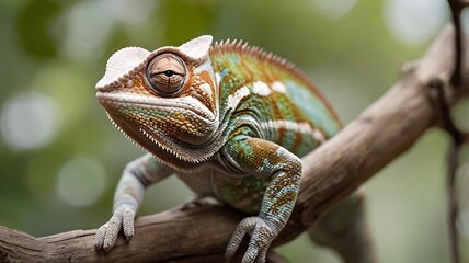 Fototapeta premium Resting Chameleon Art A vivid depiction of a single chameleon resting on a thin tree branch with a focus on detail