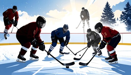 Obraz premium Hockey players on ice, various positions, action shot