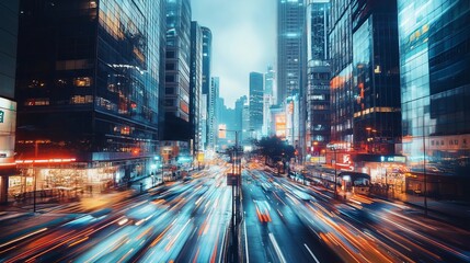 Busy cityscape at night,  blurred motion of traffic