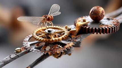 Steampunk insect on rusty gears, sphere resting above