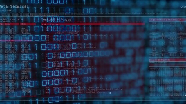 Binary code scrolling starting Data Terminal running minicode - Powered by Adobe