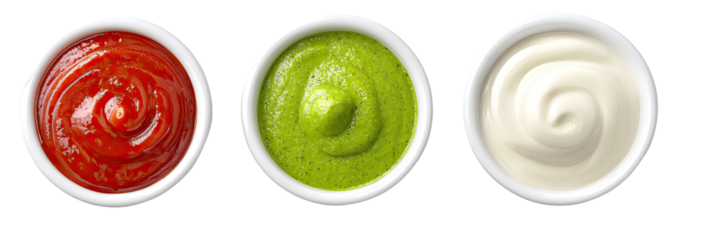 Three small white bowls of different sauces