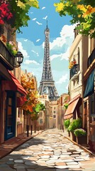 Parisian street scene, Eiffel Tower in background. Colorful buildings, trees, and flowers line a paved walkway. Sunny, idyllic atmosphere