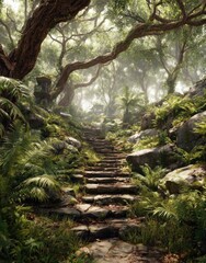 Fototapeta premium Stone steps lead upward through a lush forest, filtered sunlight dappling the path. Ferns and old trees define the scene
