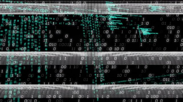 At start white-dot bands shifting and glitching while green code pulsing and presenting binary flow