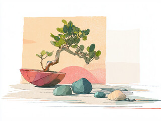 Minimalist Bonsai Tree Illustration with Zen Stones and Sunset