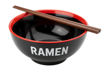 A black ramen bowl with chopsticks isolated on transparent background