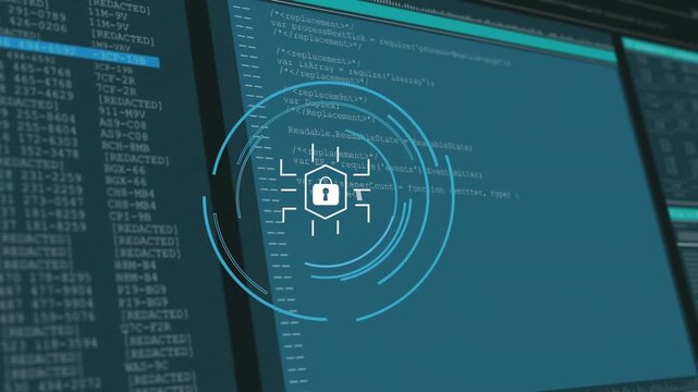 Outline appearing revealing padlock icon with rotating rings, code scrolling, security scan running