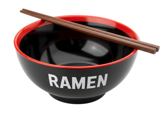 A black ramen bowl with chopsticks isolated on transparent background