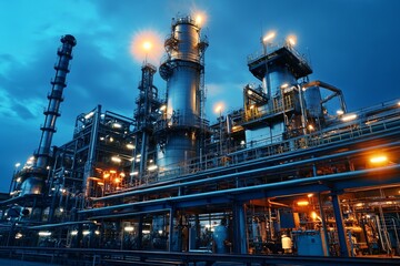 Fototapeta premium Industrial complex at twilight, illuminated by bright lights. Large metal structures, pipes, and tanks dominate the scene