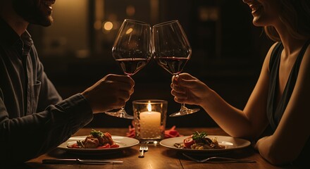 Couple having romantic dinner with wine glasses clinking over candlelit table enjoying a night out at a cozy restaurant with delicious food and intimate atmosphere