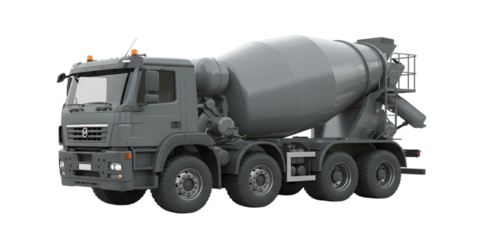 Gray concrete mixer truck isolated on transparent background, ready for construction work