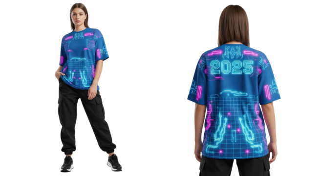 Woman modeling a futuristic cyberpunk t-shirt with neon 2025 graphic.