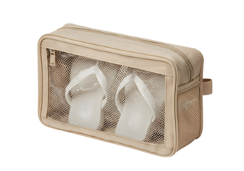 Beige cosmetic bag with clear window containing white flip flops isolated on transparent background