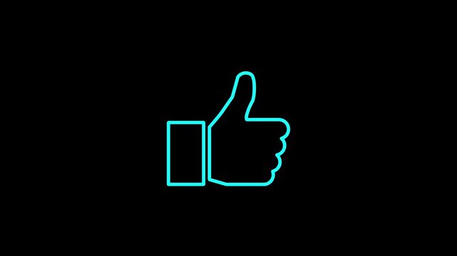 Glowing neon line Hand thumb up icon isolated Neon Outline Like Icon Animation on the black, background Facebook like icon. Social media like increasing with shiny, glowing neon light. Animated like