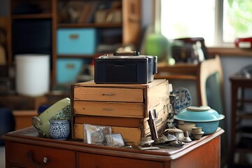 Vintage items stacked on a wooden table in a cluttered room