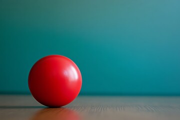 Single red sphere on a wooden surface against a teal backdrop