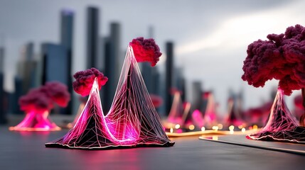 Surreal cityscape with vibrant pink geometric structures resembling glowing flora