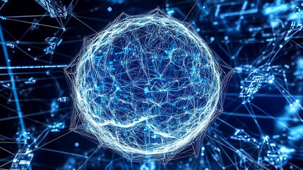 Digital network sphere with interconnected nodes and glowing lines representing data flow and connectivity