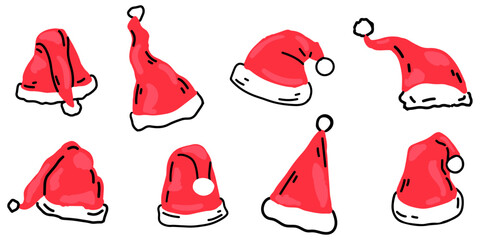 Set of hand-drawn Santa Hats in various angles and styles, featuring classic Red color with white trim and pom-pom. Perfect for Christmas, Holiday designs, greeting cards, invitations. 