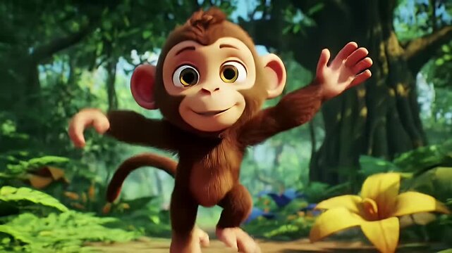 Cheerful Animated Monkey Character Dancing Through a Lush Jungle Environment in a Playful Manner, Bright and Vibrant Visuals Depicting Joyful