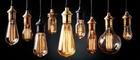 Fototapeta premium Collection of hanging, glowing vintage lightbulbs of various shapes with visible filaments on a dark background create warm ambiance
