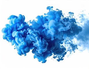 Abstract swirls of vibrant, light blue ink in motion on white background
