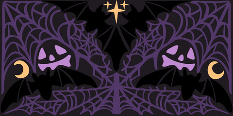 Spooky Halloween illustration featuring two glowing jack o' lanterns with purple faces, surrounded by intricate Spiderwebs, flying Bats, crescent moons, and twinkling stars against a dark background. 
