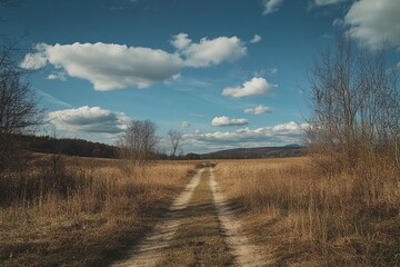A dirt road winds through a field of dried golden grasses under a partly cloudy sky.  Bare trees line the edges of the path, leading to a distant, hazy horizon