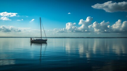 Calm sailboat on a glassy sea under a vibrant sky