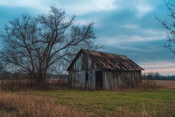Rustic, weathered barn in a quiet field under a moody sky