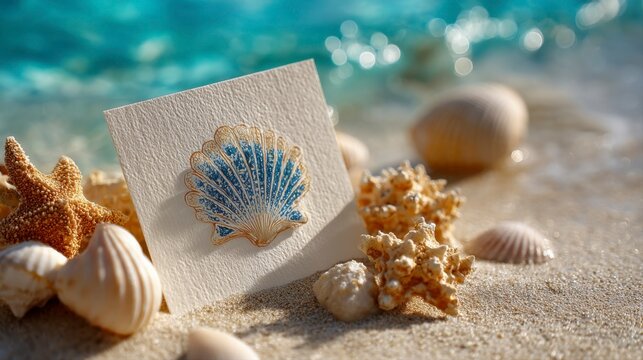 Beach Themed Birthday Card Mockup with Shell and Sea Elements