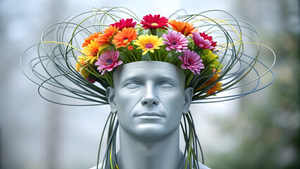 mental health awareness concept for work life balance. head filled with tangled wires transforming into brain.