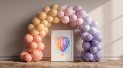 Obraz premium Colorful Balloon Arch Display with Birthday Card Mockup