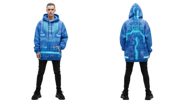 Young man in a blue oversized hoodie with a futuristic circuit board design. - Powered by Adobe