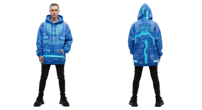 Young man in a blue oversized hoodie with a futuristic circuit board design.