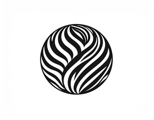 Abstract, circular design; black and white, stylized waves or leaves form a sphere