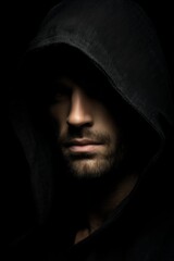 Mysterious man with hood on deep black background. Minimal surreal portrait radiates gothic thriller energy.