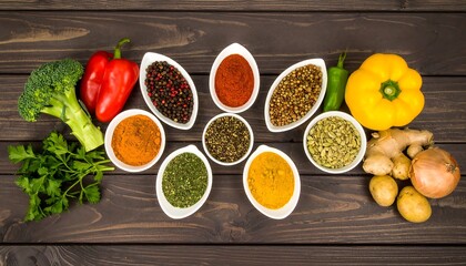Spices and vegetables arranged on wood