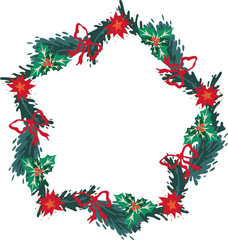 Сhristmas Wreath decoration with evergreen Branches, red Poinsettia flowers, holly leaves, berries, and red ribbons. Festive, seasonal Frame perfect for holiday cards, invitations.